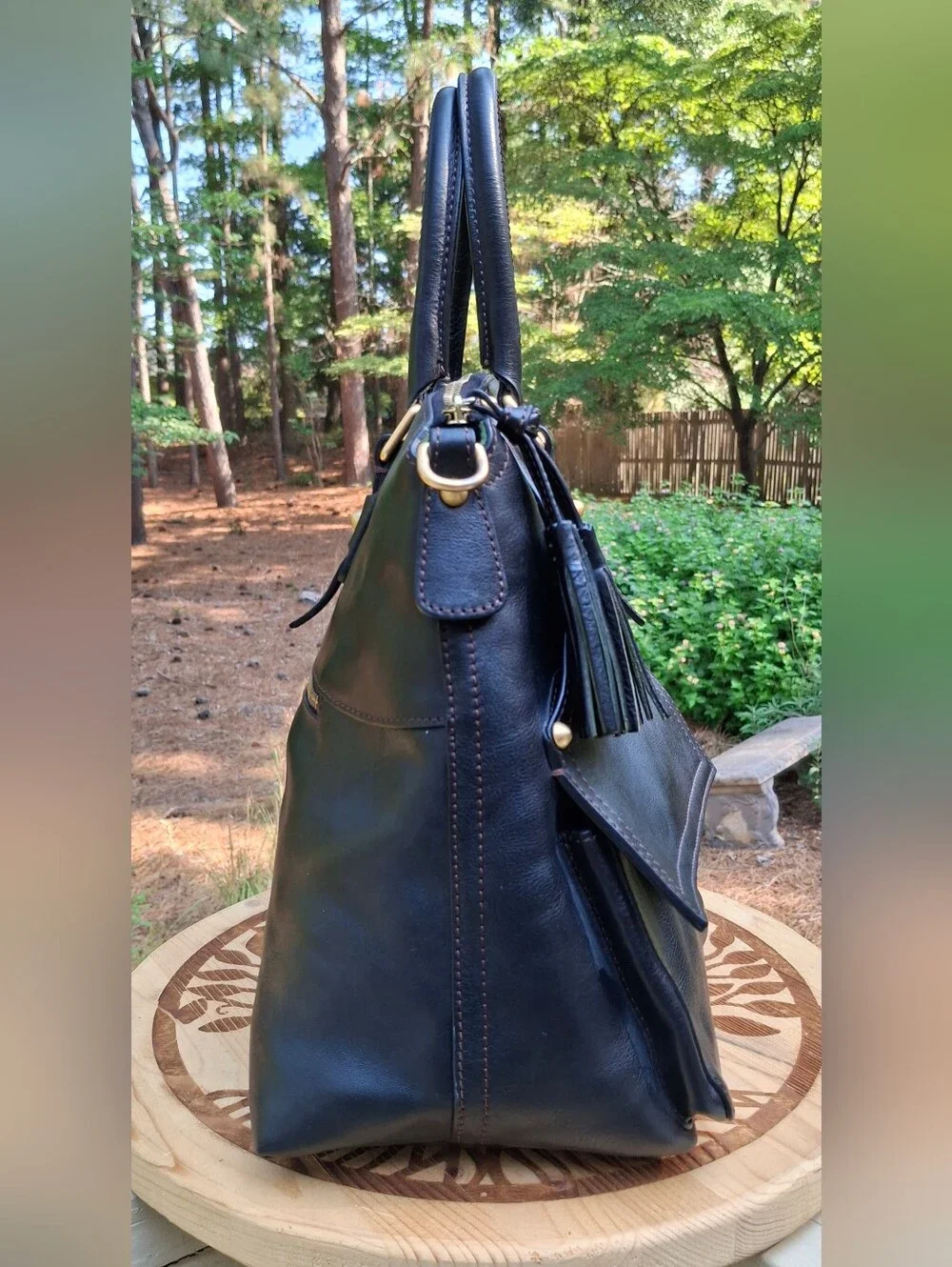 Dooney & Bourke Black Florentine Vacchetta Leather Clayton Satchel